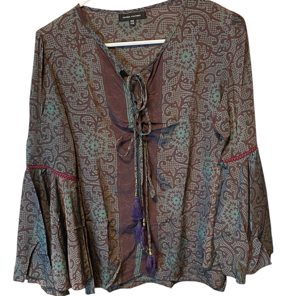 Karma Highway Flutter Sleeve Feather Tie Top OS Boho Festival